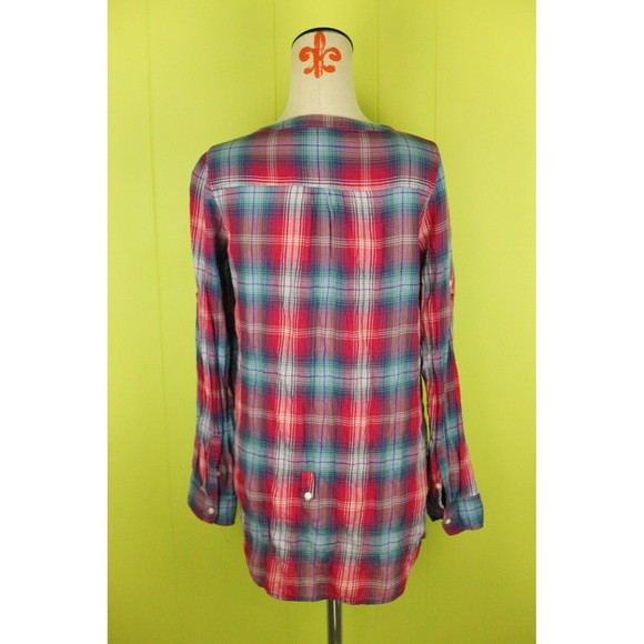 American Eagle AEO Womens Sz 10 Ruched Front Tunic Blouse Long Sleeve Plaid - Picture 4 of 12